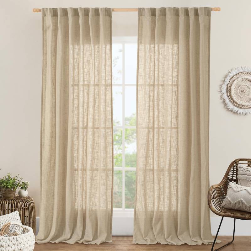 lot 45033 image: Natural Linen Curtains 108 Inch for Living Room, Back Tab and Rod Pocket Textured Sheer Light Filtering for Boho Farmhouse, 2 Panels, 52 x 108 Inch, Brown - Retail $46