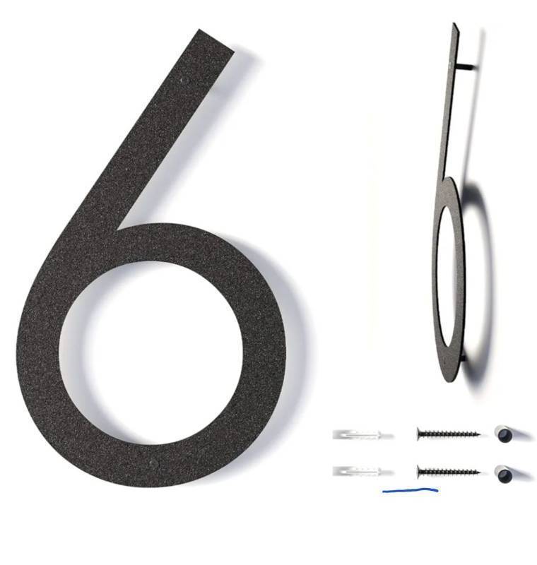 lot 46245 image: 12 Inch Modern Floating House Numbers for Outside  Large Metal House Numbers for Outdoors  Black Coated Rust-Proof Home Address NumbersPlaques  Metal Numbers, 6 - Retail $18