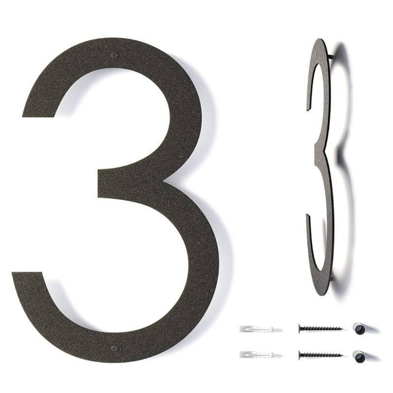 lot 46246 image: 12 Inch Modern Floating House Numbers for Outside  Large Metal House Numbers for Outdoors  Black Coated Rust-Proof Home Address NumbersPlaques  Metal Numbers, 3 - Retail $18