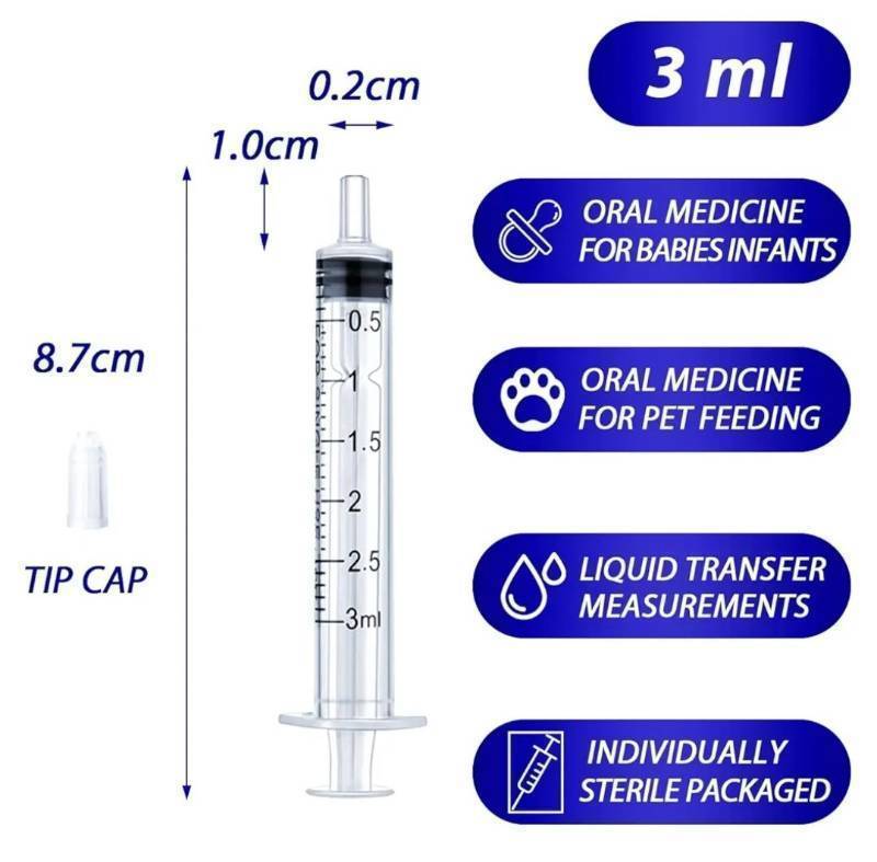 lot 46321 image: 3ml Syringe for Liquid, Oral, Scientific Labs, Measurement, Dispensing, with Cap- 3 Pack 3ml Syringes - Retail $7