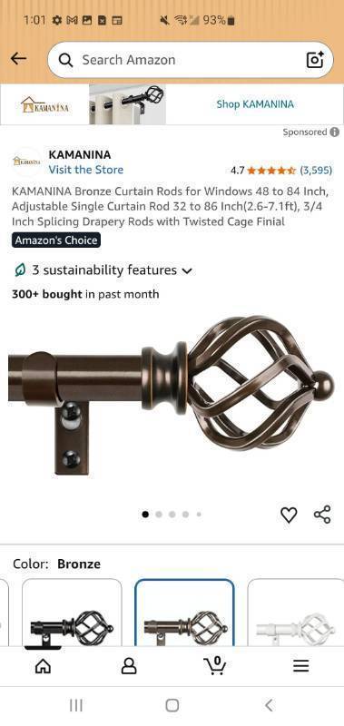 lot 46464 image: Bronze Curtain Rods for Windows 48 to 84 Inch, Adjustable Single Curtain Rod 32 to 86 Inch(2.6-7.1ft), 34 Inch Splicing Drapery Rods with Twisted Cage Finial - Retail $26