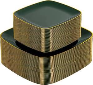 lot 46855 image: 100PCS Green and Gold Plastic Plates - Heavy Duty Square Green Disposable - Include 50 Dinner & 50 Dessert Plates for Party & Christmas - Retail $40