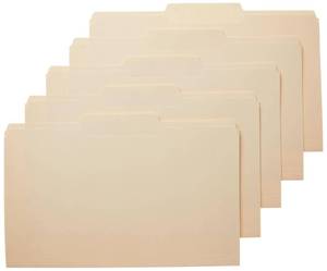 lot 46859 image: Amazon Basics Sturdy Manila File Folders, 13 Tabs in Assorted Positions for Filing and Easy Labeling, Legal Size, 8.5 x 14 inch, 100-Pack - Retail $16