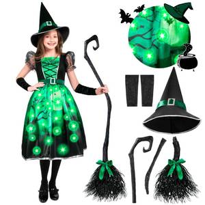 lot 46865 image: Spooktacular Creations Light-up Witch Costume for Girls, Toddlers Green Print Witch Outfit Set with Broom Hat Sleeves for Kids Halloween Dress Up Parties, M - Retail $28