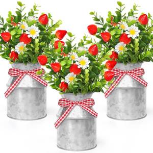 lot 46878 image: 3 Pack Strawberry Mason Jar Table Centerpiece, Artificial Strawberry Home Centerpieces Fake Strawberry Daisy Plants with Faux Leaves for Summer Farmhouse Wedding Decor, Tiered Tray Tabletop Display - Retail $19
