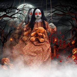 lot 46879 image: Scary Halloween Decorations Outdoor, 45-Inch Hanging Swinging Doll Girl - Retail $38