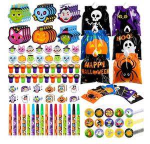 lot 46885 image: 168 Pcs 24 Pack Assorted Halloween Art and Craft Stationery Kids Gift Set Trick or Treat Party Favor Toy Including Halloween Bag, Notepads, Stamps, Coloring Marker, Stickers and Temporary Tattoo - Retail $20