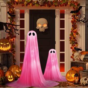 lot 46893 image: 2 Pack Halloween Ghosts Outdoor Pink Spooky Ghost Decorations Outside 36 & 18 Tall White Light Timer Function Standing Scary Light Up Ghost Kit for Porch, Courtyard, Party, Haunted Houses (Pink) - Retail $30