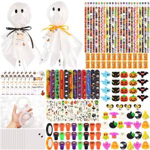 lot 46895 image: 24Pack Halloween Party Favors, Halloween Classroom Gifts Giant Lollipop Gifts for Birthday Party with Gift Cards, Pencils, Erasers, Stickers, Sharpener for Classroom Exchange Party Gift - Retail $30