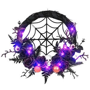 lot 46896 image: Halloween Ball Wreath for Front Door With Lights - 18 Inch Orange and Black Artificial Roses and Plants Wreath for Indoor Outdoor Home Festival - Retail $15