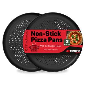 lot 46911 image: Kitchen Non-Stick Pizza Pan 2 Pack �� 16 Inch Round Carbon Steel Pizza Tray with Perforated Holes, PFOAPFOSPTFE-Free, Dishwasher & Oven Safe Up To 450°F, Durable Nonstick Gray Coating - Retail $25