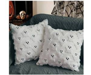 lot 46925 image: Halloween Pillow Covers 18x18 Set of 2 White Ghost Plush Fur for Couch Sofa Home,No Insert,Fit 18x18 inch Inserts or Smaller - Retail $15