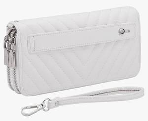 lot 46928 image: Vegan Leather Double Zipper Pocket Wallet with Grip Hand Strap (Chevron Embroidered White), HAS A RED MARK. SEE PHOTO. - Retail $20