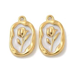lot 46939 image: 10Pcs Stainless Steel Enamel White Rose Flower Charms Golden Valentine Oval Tulip Floral Charms for Jewelry Making Necklaces - Retail $14