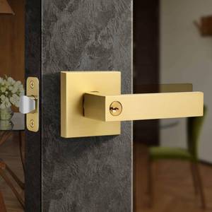 lot 46947 image: Square Gold Door Handles with Lock and Key, Heavy Duty Brushed Gold Door Handles with Reversible Lever for Bedroom or Front Door, Satin Brass - Retail $25