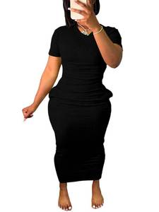 lot 46949 image: Womens Short Sleeve Dress T Shirt Bodycon Dresses Ribbed V Neck Maxi Sundress Casual Basic Party Club Dress with Pocket-Black-XXL - Retail $15