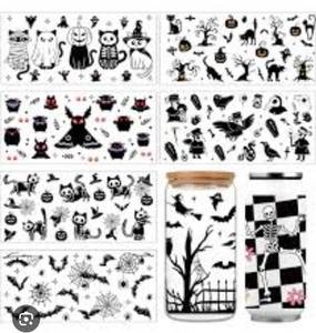 lot 46960 image: Cup Wrap - 8 Sheet Black Halloween UV DTF Transfer Stickers, Horror Cup Wraps for 16 oz Glass, Ghost Waterproof Decals, DIY Crafts - Retail $10