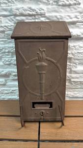 lot 28 image: Vintage metal Wall-Mount Mail Box with Torch and Shield Embossed Design
