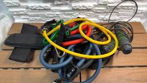 lot 128 image: Resistance Bands Set with Handles Ankle Straps Carabiners 10LB 20LB 30LB 40LB 50LB