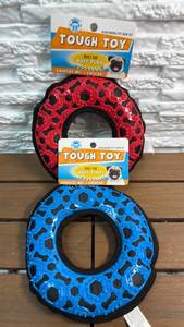 lot 227 image: Tough Toy Dog Chew Ring 2-Pack Red Blue Squeaker Pet Toy
