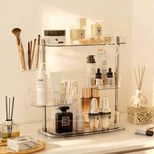 lot 20506 image: 360  Rotating PET Countertop Makeup Organizer with Brush Holder & Hooks