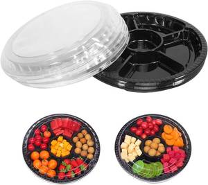 lot 20541 image: 10 Pcs Round Plastic Appetizer Tray with Lid, Divided, 13.7x13.7x2, Black