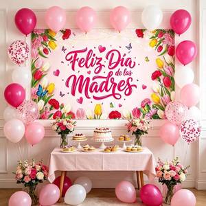 lot 20563 image: Feliz Dia de las Madres Decorations, 73 x 43 in Pink Floral Banner Backdrop
