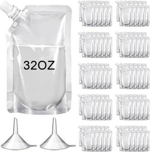 lot 20614 image: 100 Pcs Plastic Squeeze Pouches, 32 oz, Inclined Mouth, Leakproof Clear Bags