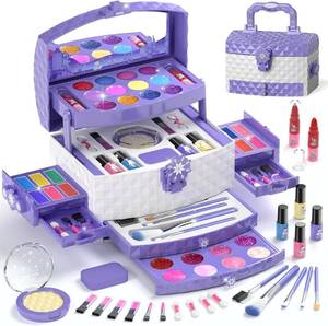 lot 20618 image: 56 Pcs Kids Makeup Set for Girls, Washable Real Cosmetic Toddler Kit Purple