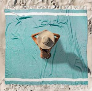 lot 20628 image: Vikumond Turkish Beach Towel Blanket Oversized 88x82 Quick-Dry Teal