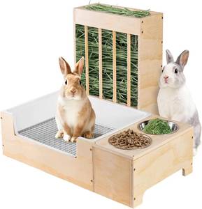 lot 20635 image: XL 3-in-1 Rabbit Litter Box Hay Feeder & Bowls Wood, Mess-Proof, for Rabbits