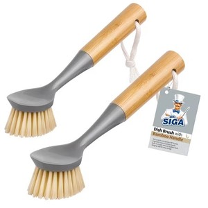 lot 20646 image: MR.SIGA Dish Brush with Bamboo Handle & Built-in Scraper, 2 Pack