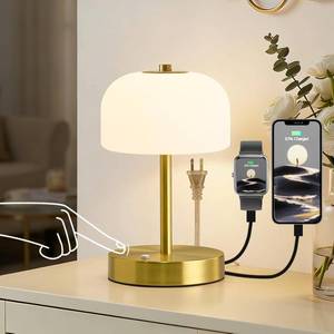lot 20680 image: 9 Touch Gold Table Lamp with USB AC Ports, Dimmable Bedside Lamp, 3 Temps