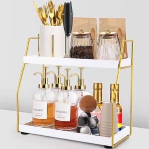 lot 20688 image: DWTS Coffee Bar Accessories 2-Tier Wooden & Gold Metal Countertop Organizer