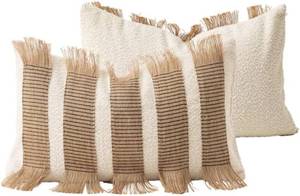 lot 20735 image: MOCOFO Striped Pillow Cover 12x20in WhiteNatural  Handwoven Jute Fringe