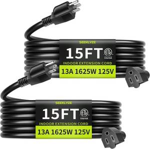 lot 20737 image: 163 Black 15 ft Extension Cord Indoor for Appliances, 3-Prong, 13A 125V