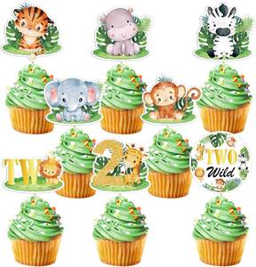 lot 20740 image: Weecent 48 Pcs Two Wild Cupcake Toppers, Jungle Safari Birthday Decorations