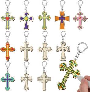 lot 20755 image: Yuntau 24 Pcs Sunday School Cross Crafts Religious Wooden Keychains