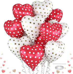 lot 20756 image: 12 Pcs Red Heart Balloons, 18in Red & White - Heart Shaped Foil Balloons