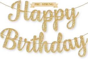lot 20764 image: KatchOn Glitter Gold Happy Birthday Banner - 10 ft, Pre-Strung  Cursive Sign