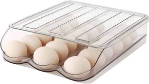 lot 20801 image: MesRosa Egg Holder for Fridge, Automatic Rolling 18-Egg Organizer with Lid