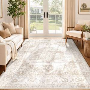 lot 20806 image: Area Rug 5x7 Vintage Washable Indoor Medallion Rug, Low Pile, Beige, 5x7