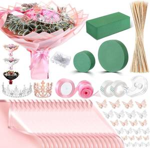 lot 20824 image: XunYee Bouquet Kit 20 Sheets Wrapping Paper, 100 Pcs Bamboo Skewers, Foam