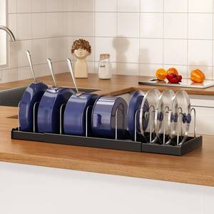 lot 20828 image: Magheo Expandable Lid Organizers, 22 Pots & Pans, 9 Dividers Black 1 Pack