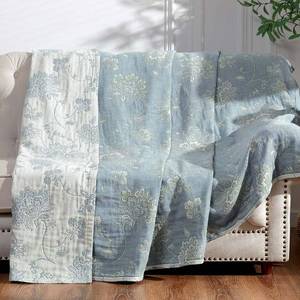 lot 20831 image: jinchan 100% Cotton Muslin Blanket Queen 80x90 BlueWhite, 4-Layer Quilted