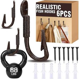 lot 20838 image: Duraaamo 6 Pcs Realistic Cast Iron Fish Hooks Wall Mount 4.5x2 Rustic Brown