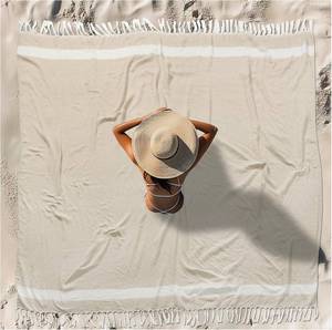 lot 20872 image: Vikumond Turkish Beach Towel Blanket Oversized 88x82in, Quick-Dry Beige