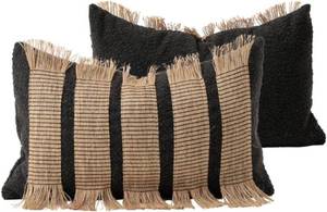 lot 20894 image: MOCOFO Striped Pillow Cover 12x20in, BlackNatural, Jute Fringe