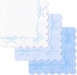 lot 20903 image: FYSUIMU 150 Pcs Blue Bow Napkins with Scalloped Edge - Watercolor WhiteBlue