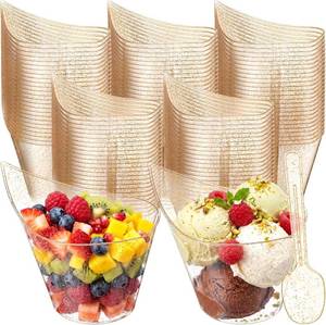 lot 20923 image: 150 Pack 5 Oz Gold Glitter Clear Plastic Dessert Cups with Spoons